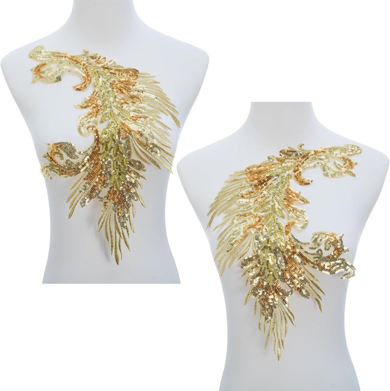 Silvora Pair Embroidery Phoenix Costume Sequin Appliques Patches, Peacock Feather Tail Applique Embellishments for Dance Dresses,Clothes,T-Shirt，Neckline Bodice Pants (Gold) - Image 2